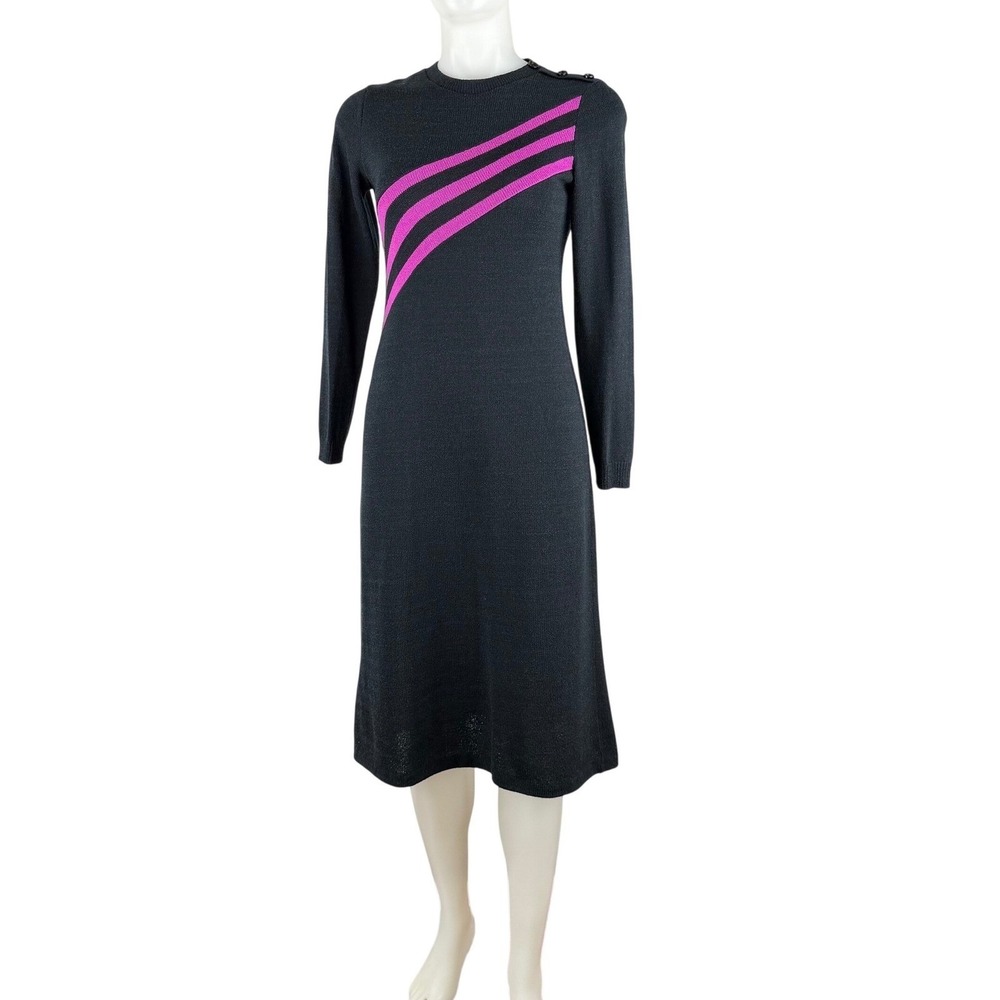 Vintage 70s Knit Dress Black Striped Long Sleeve Midi SZ M ( FIT S
